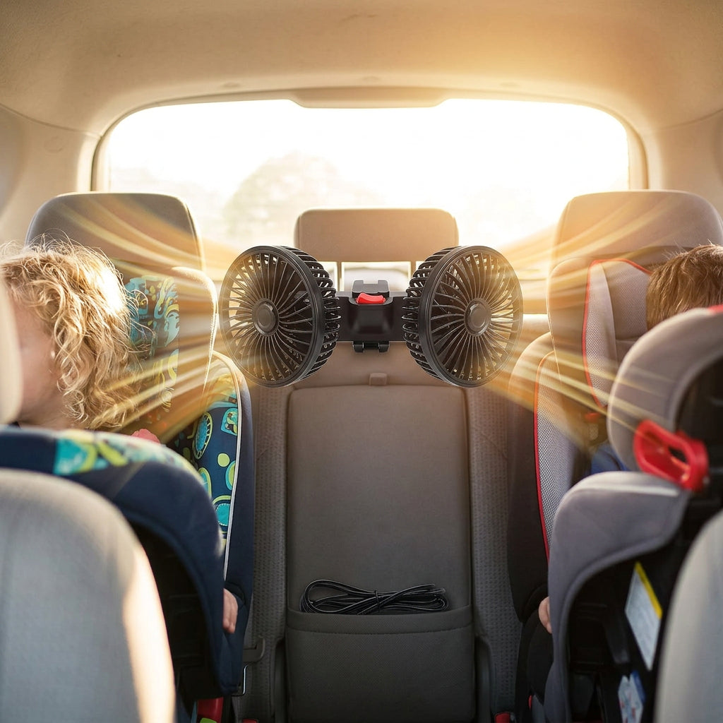 360° Dual Backseat Cooling Fan – Adjustable Car Air Circulator for Summer